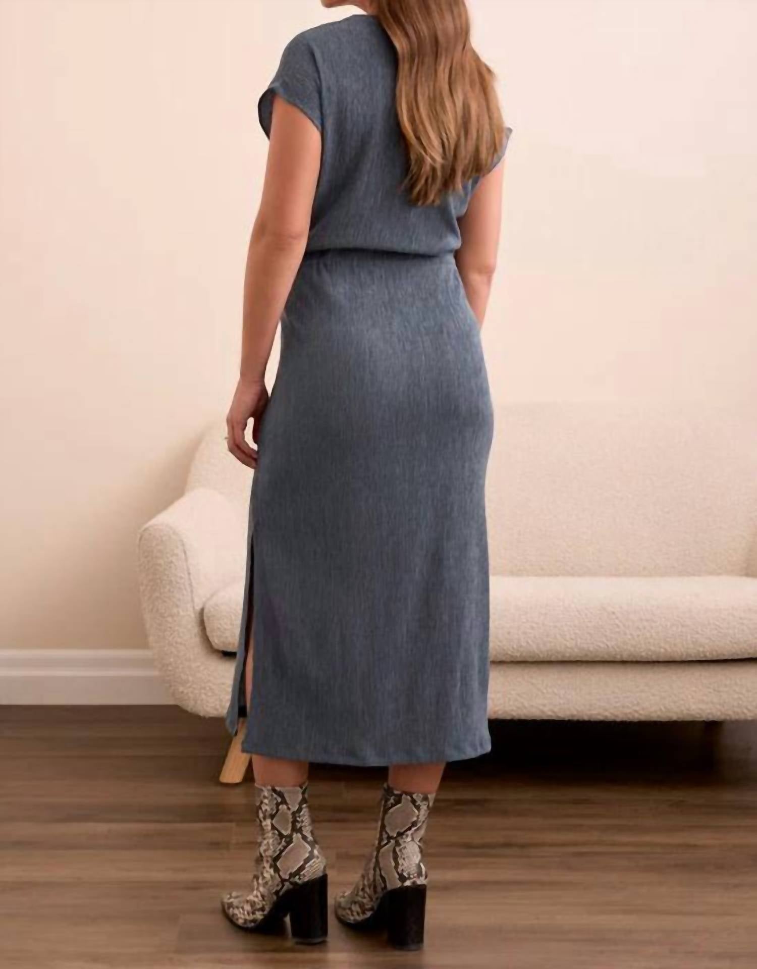 Tribal - Two Toned Crinkle Knit Belted Midi Dress