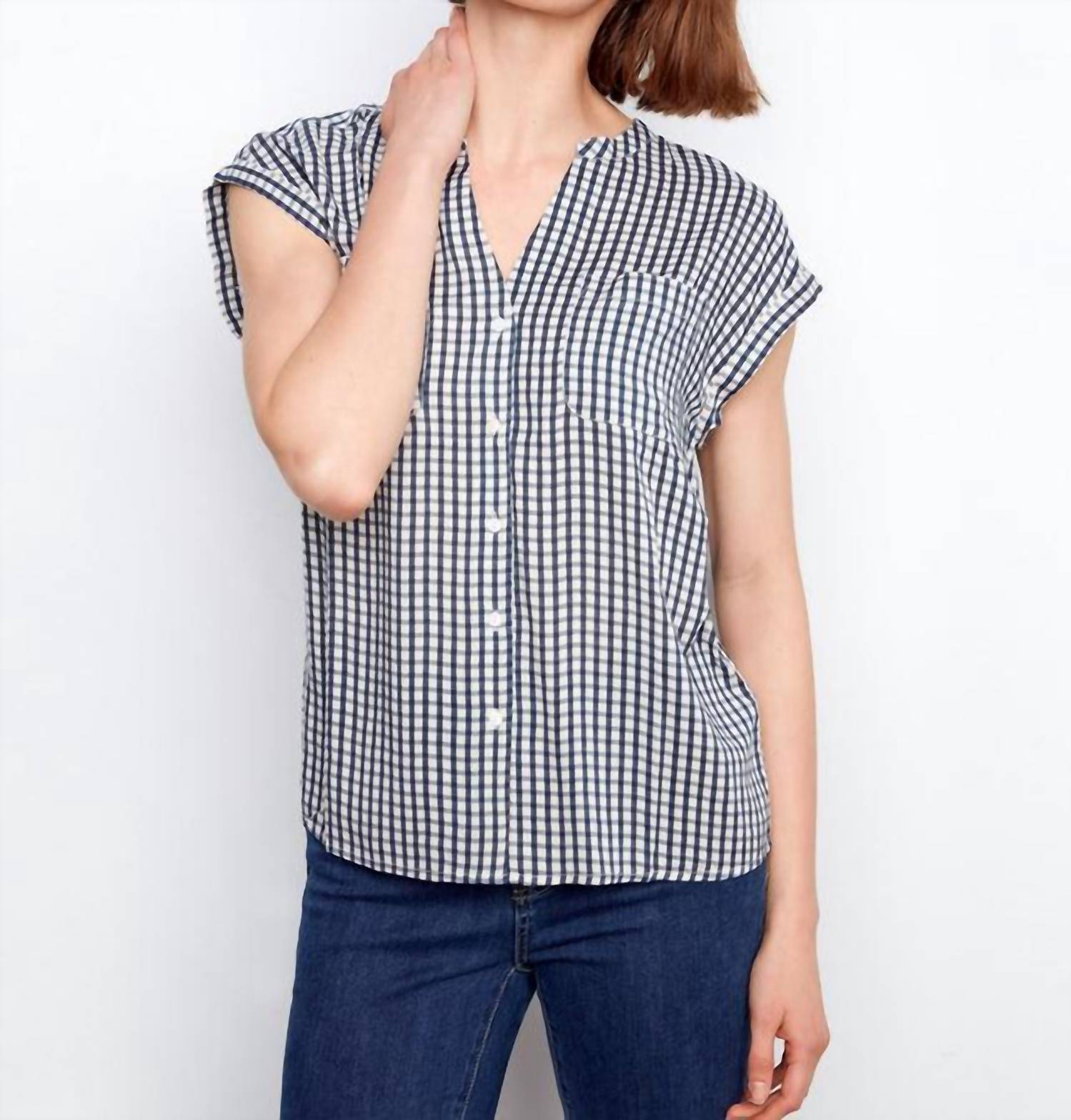 CHARLIE B Printed Gingham Short Sleeve Blouse in navy - women's blouse
