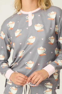 PJ Salvage Women's Love You A Latte Coffee Print Long Sleeve Top in charcoal - women's long sleeve top - alternate view
