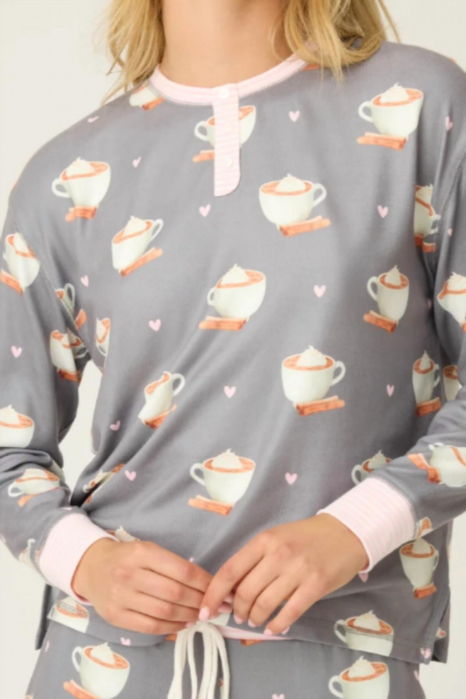 PJ Salvage Women's Love You A Latte Coffee Print Long Sleeve Top in charcoal - women's long sleeve top - alternate view