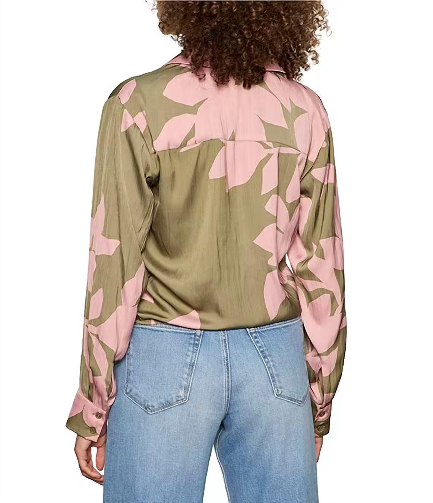 Sanctuary - Lover Tie Floral Printed Spread Collar Long Sleeve Crinkle Sateen Shirt - Plus