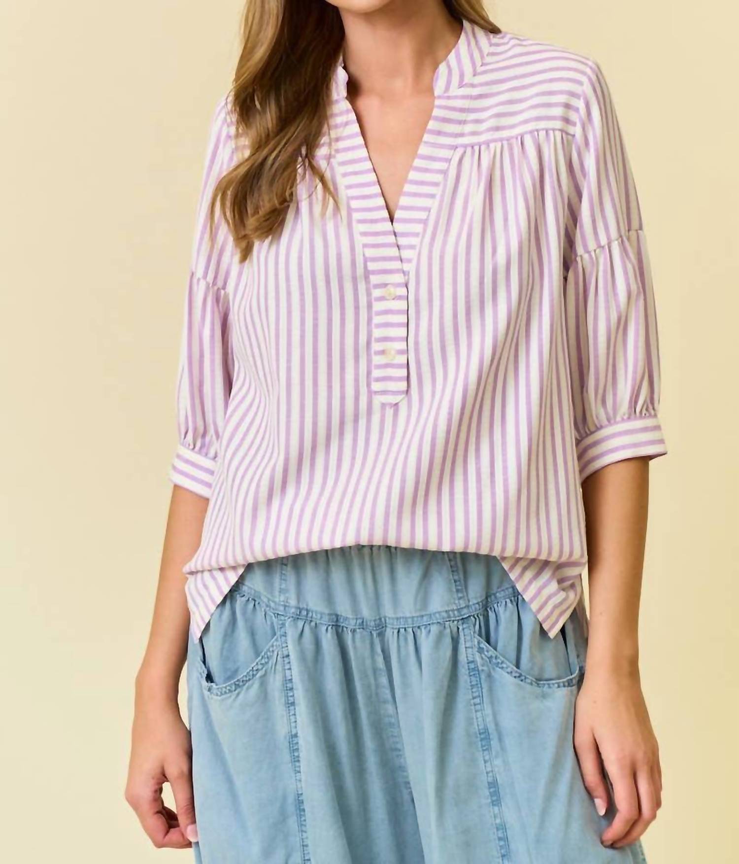 Doe And Rae - Women's Striped Puff Sleeve Pullover Top