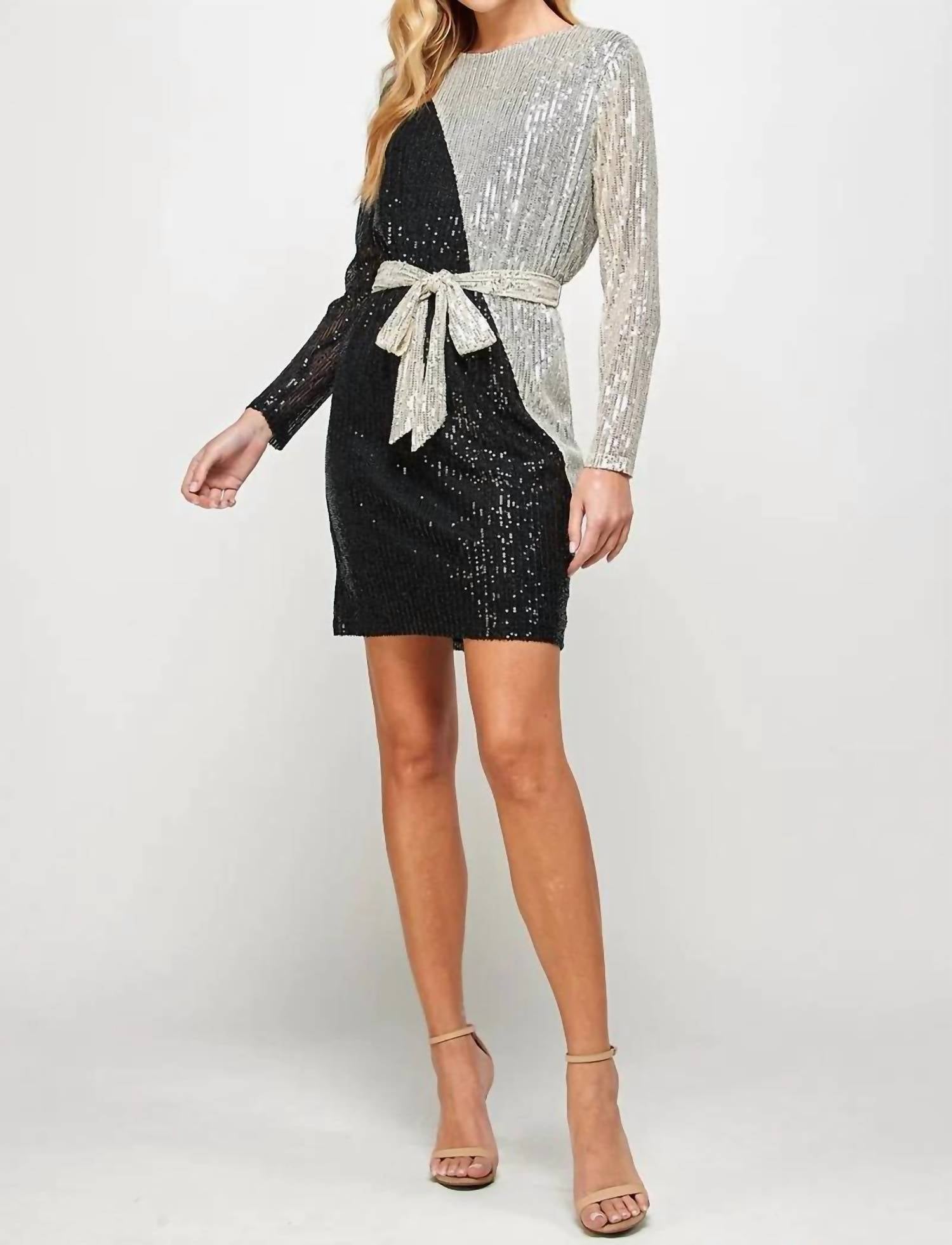 See And Be Seen - Sequins Color Blocked Long Sleeve Dress