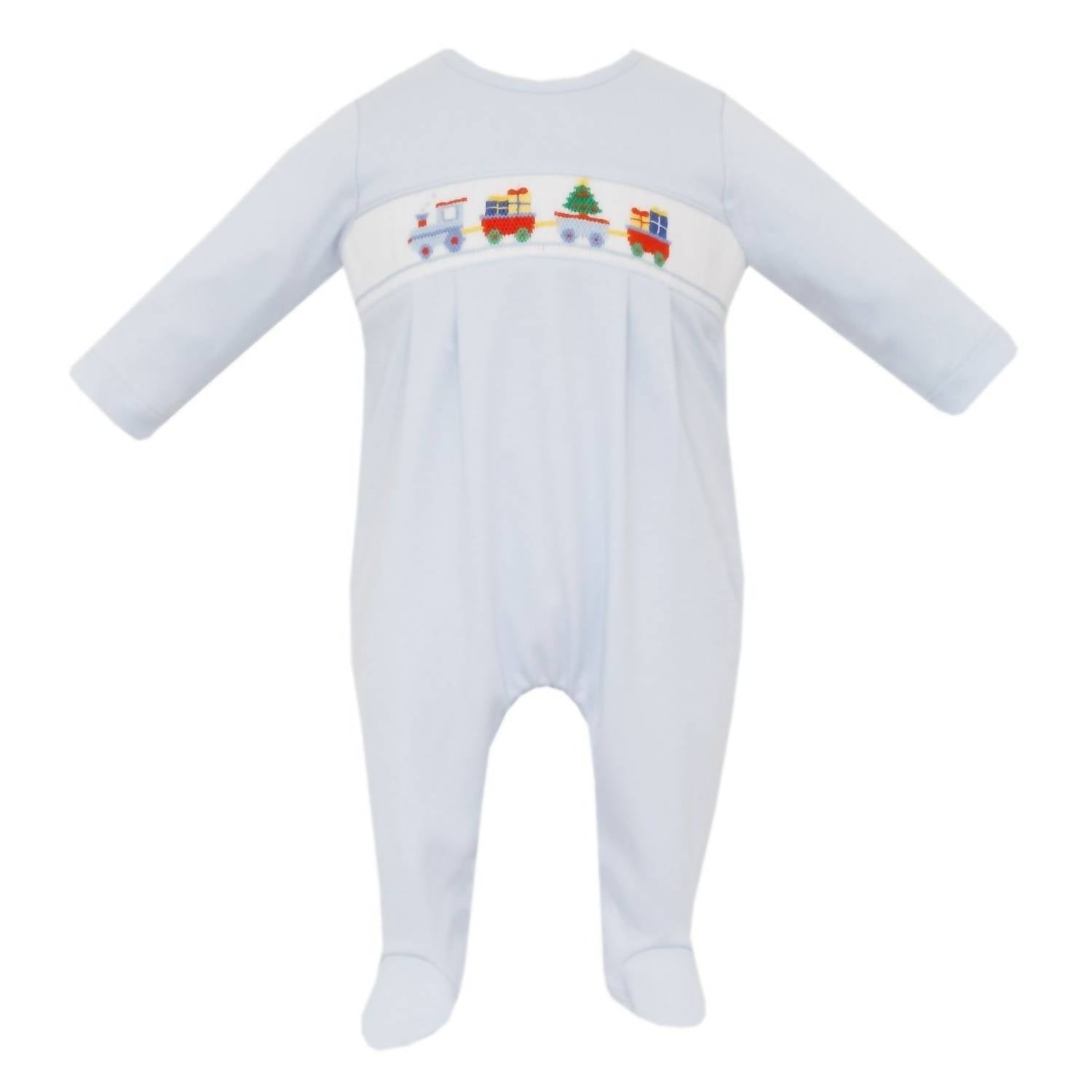 Petit Bebe - Boy's Christmas Train Smocked Long Sleeve Pima Footie