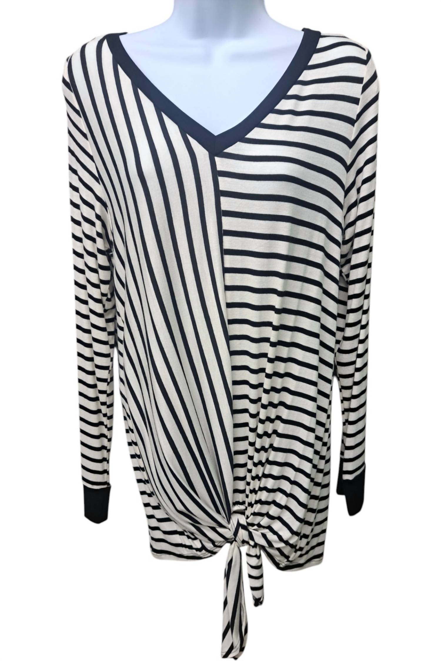 Sun & Moon - Women's Stripes Long Sleeved V Neck Top