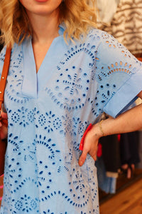 Jodifl Eyelet Short Sleeve Mini Shift Dress in blue - women's dress - alternate view
