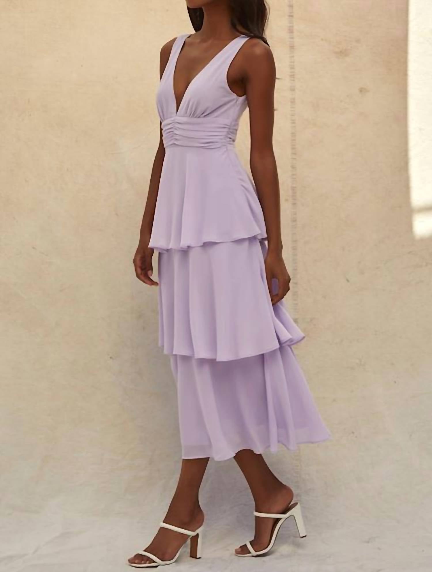 Lulus Celebration Time Sleeveless Tiered Midi Dress in lavender - women's dress - detail view