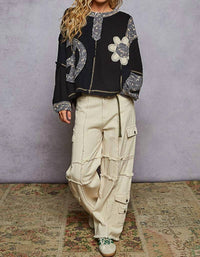 Pol - Crew Neck Peace Patch Floral Knit Top