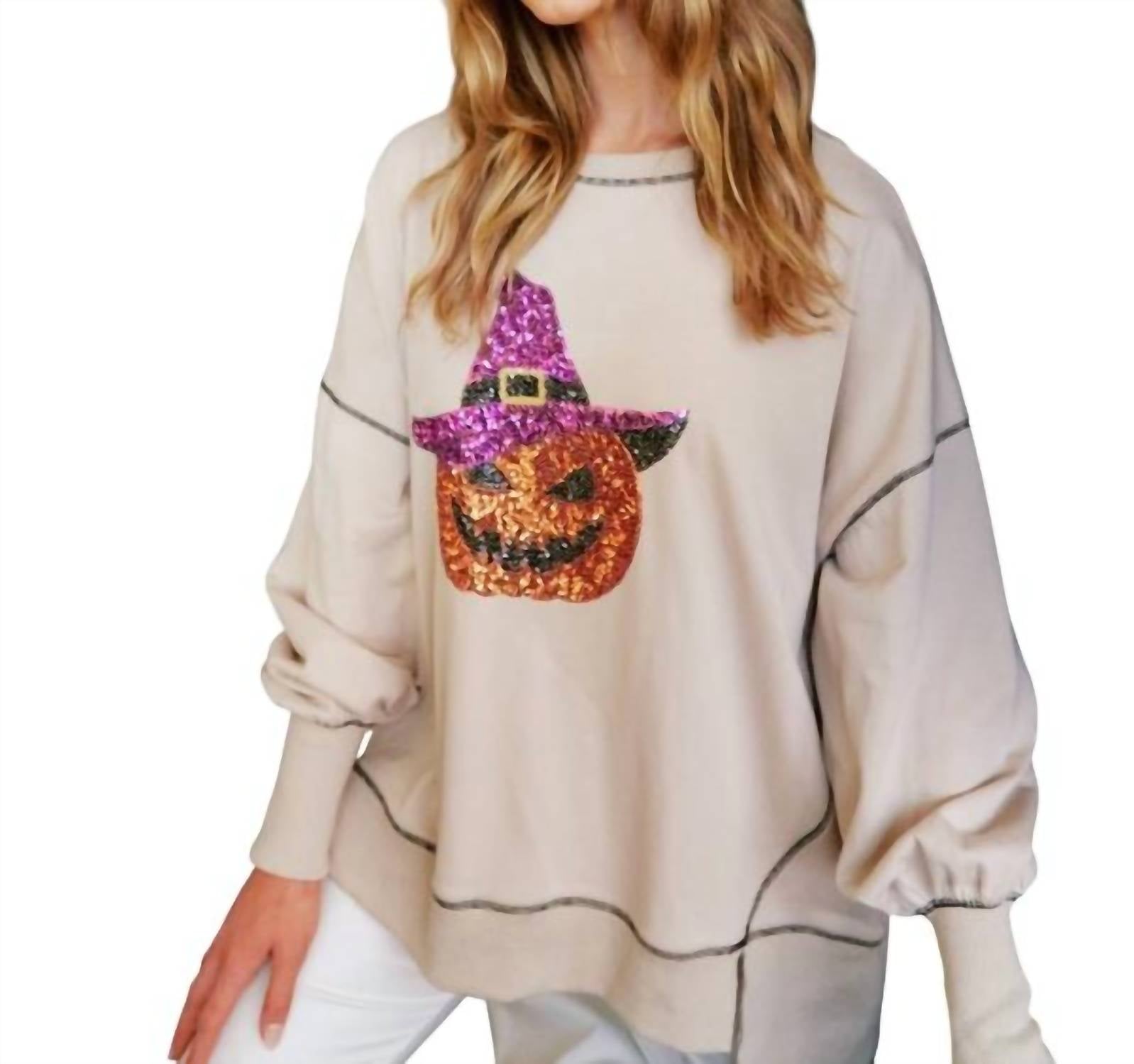 Fantastic Fawn - Sequin Halloween Pumpkin Patch Knit Sweatshirt