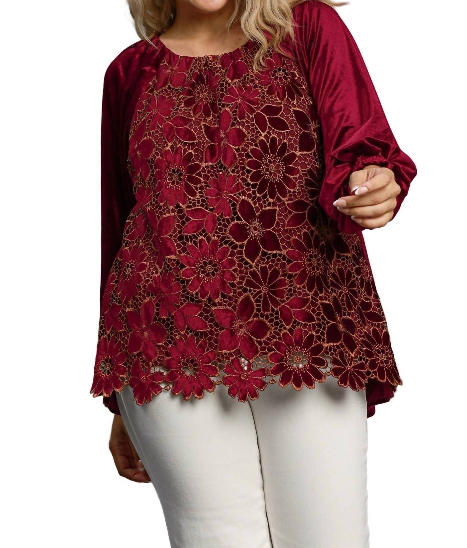 Umgee - Women's Floral Lace Velvet Top