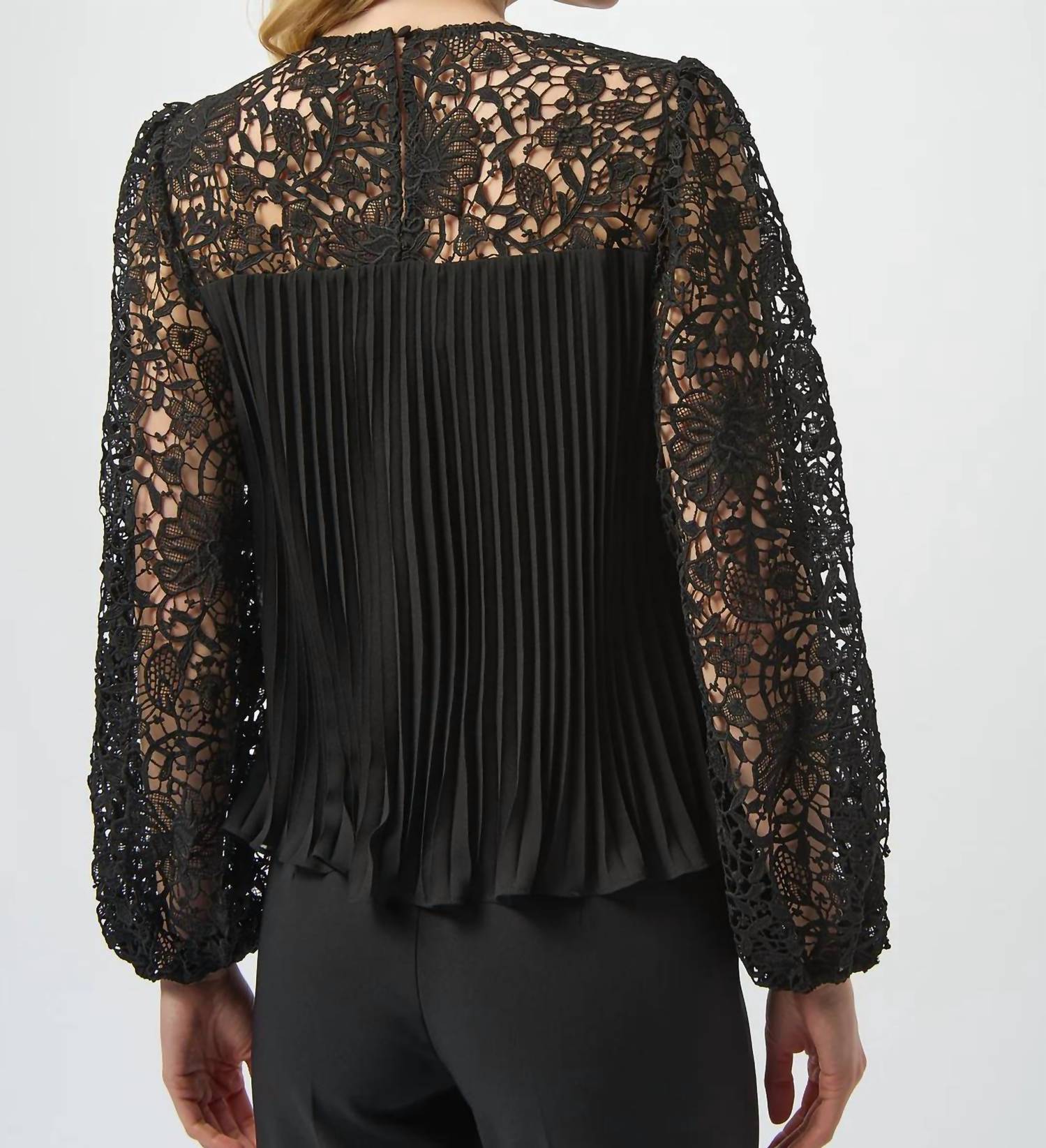 Joseph Ribkoff Pleated Crew Neck Long Lace Puff Sleeves Top in black - women's blouse - alternate view