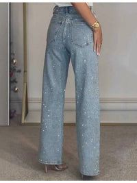 Sweetkama - Women's Rhinestone Button Front Straight Leg Pants