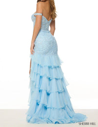 Sherri Hill Off The Shoulder Fitted Prom Dress in light blue - women's dress - detail view