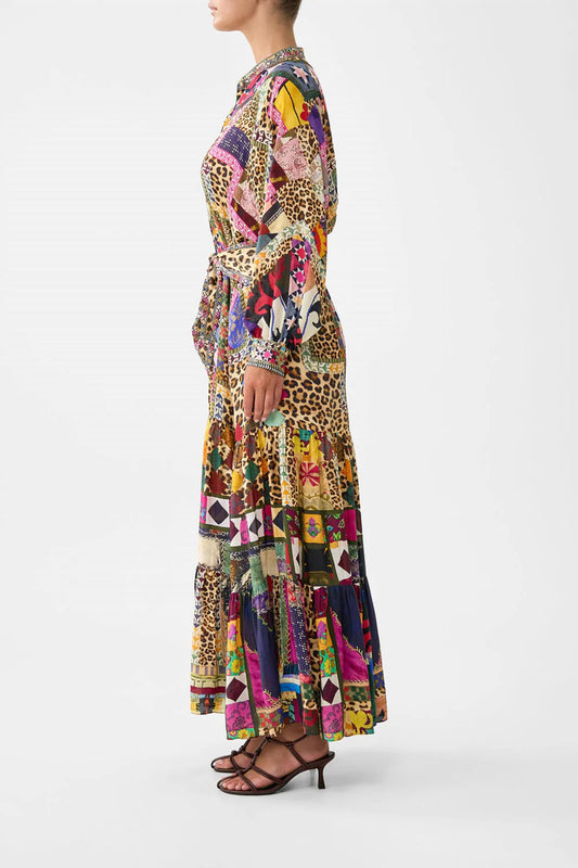 Camilla - Wide Waist Tie Tiered Maxi Shirtdress