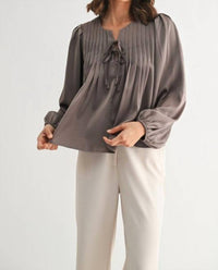 Fun 2 Fun Pin Tuck Front Tie Blouse in dark taupe - women's blouse