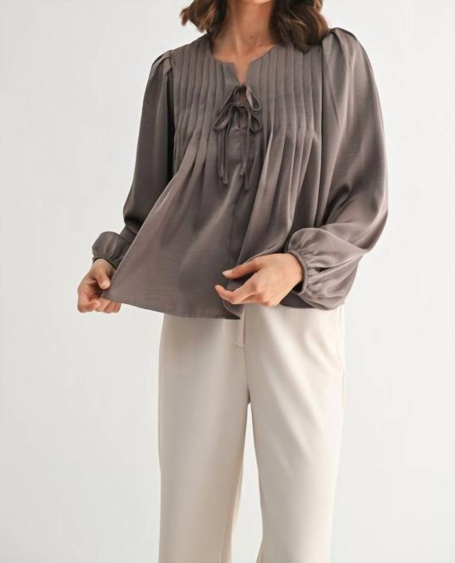 Fun 2 Fun Pin Tuck Front Tie Blouse in dark taupe - women's blouse