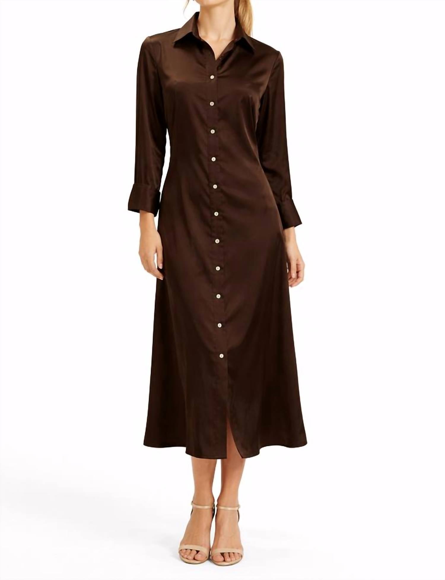 The Burgess Collection Women's Mel Satin Button Down Midi Dress in chocolate - women's dress