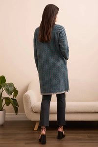 TRIBAL Double Knit Long Plaid Coatigan in charcoal - women's jacket - detail view