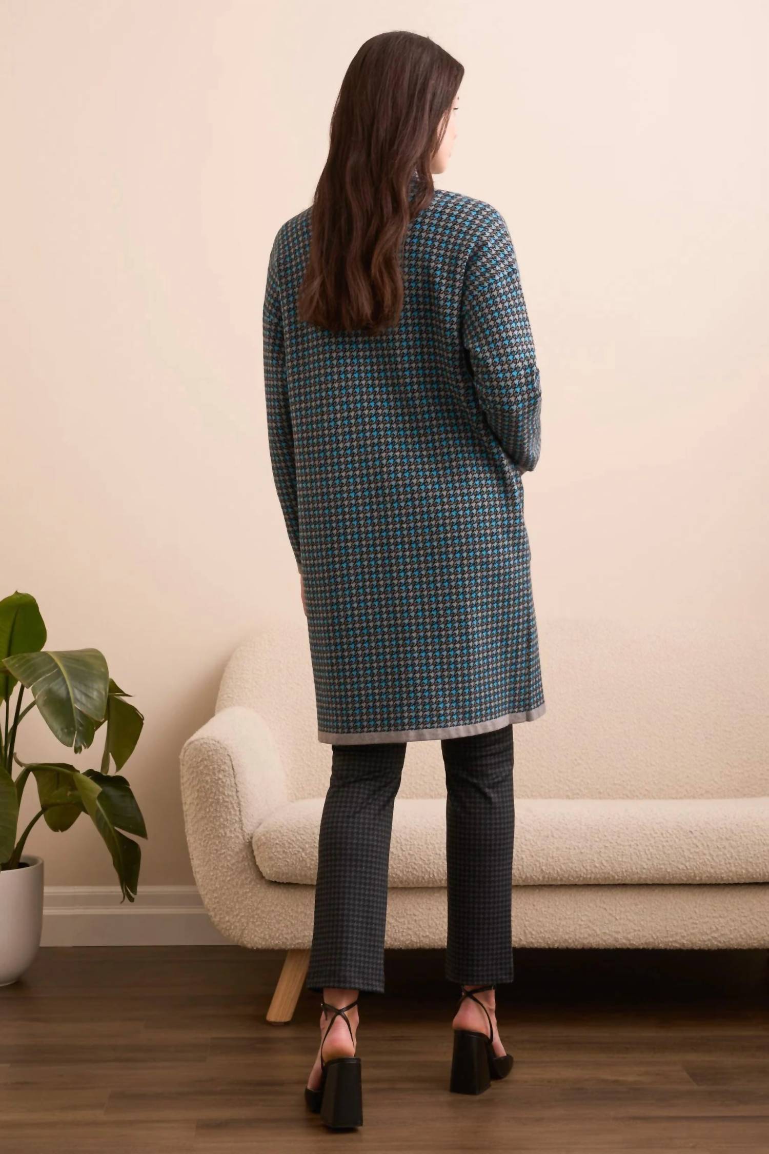 TRIBAL Double Knit Long Plaid Coatigan in charcoal - women's jacket - detail view
