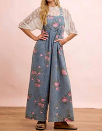 Bibi - Flower Print Washed Denim Wide Leg Jumpsuit