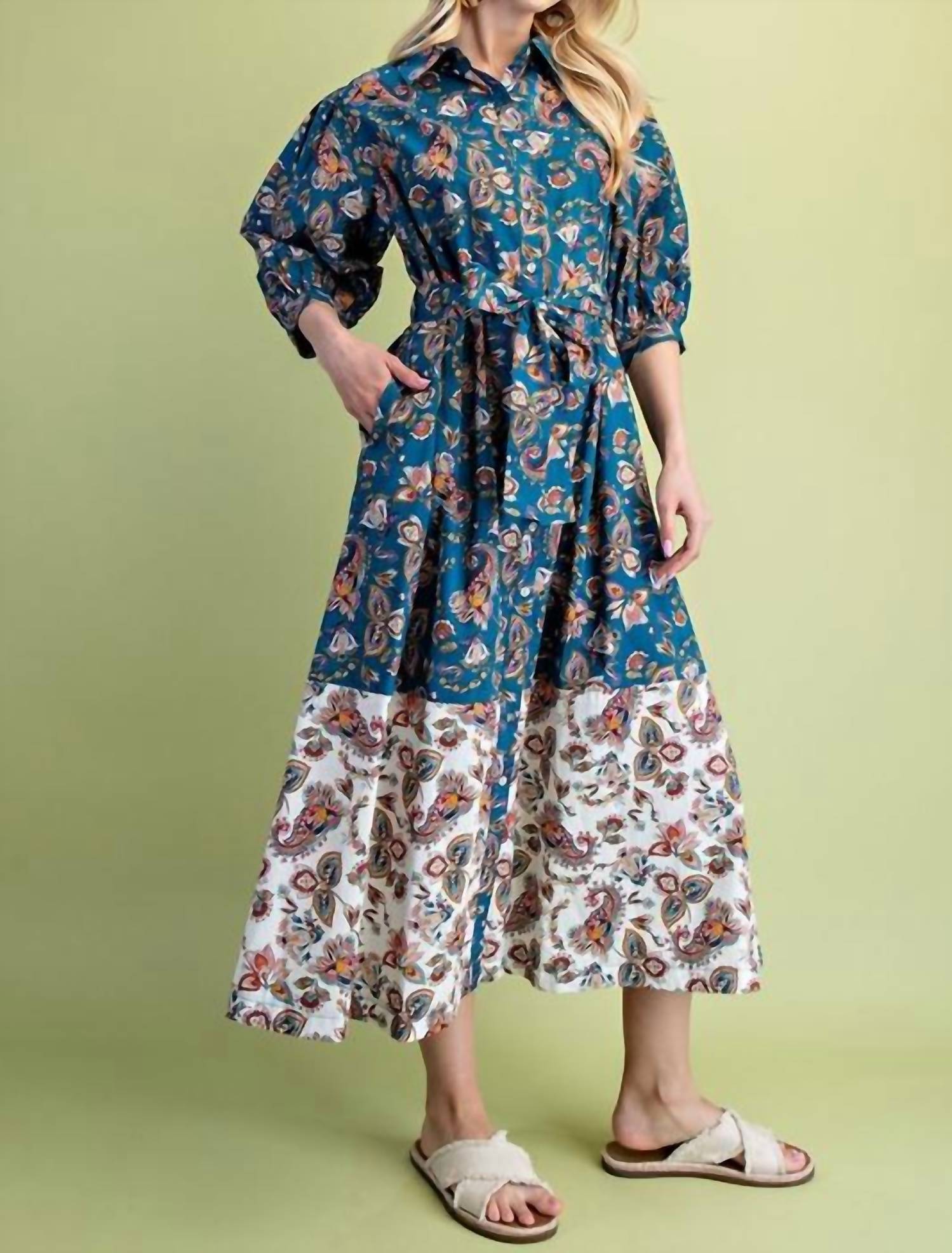 Gigio - Paisley Print Color Block Shirt Dress
