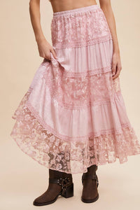 Listicle - Floral Embroidered Tiered Maxi Skirt