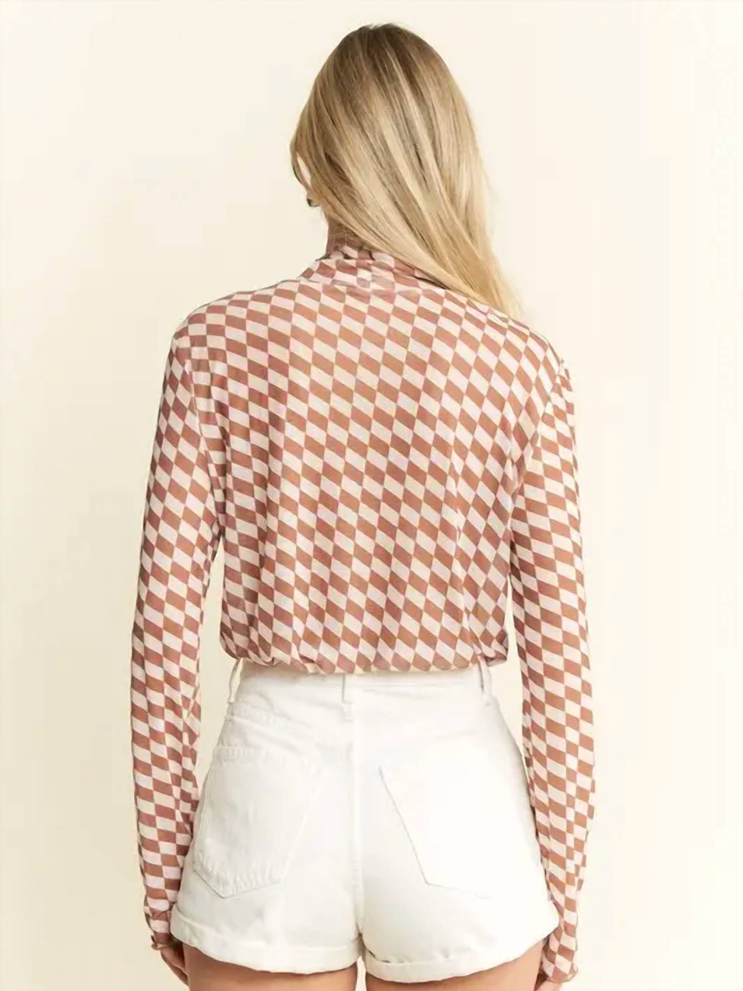 Jade By Jane - Checkered Mesh Mock Neck Top