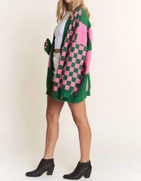 Jade By Jane - Button Down Long Sleeve Checkered Oversized Cardigan
