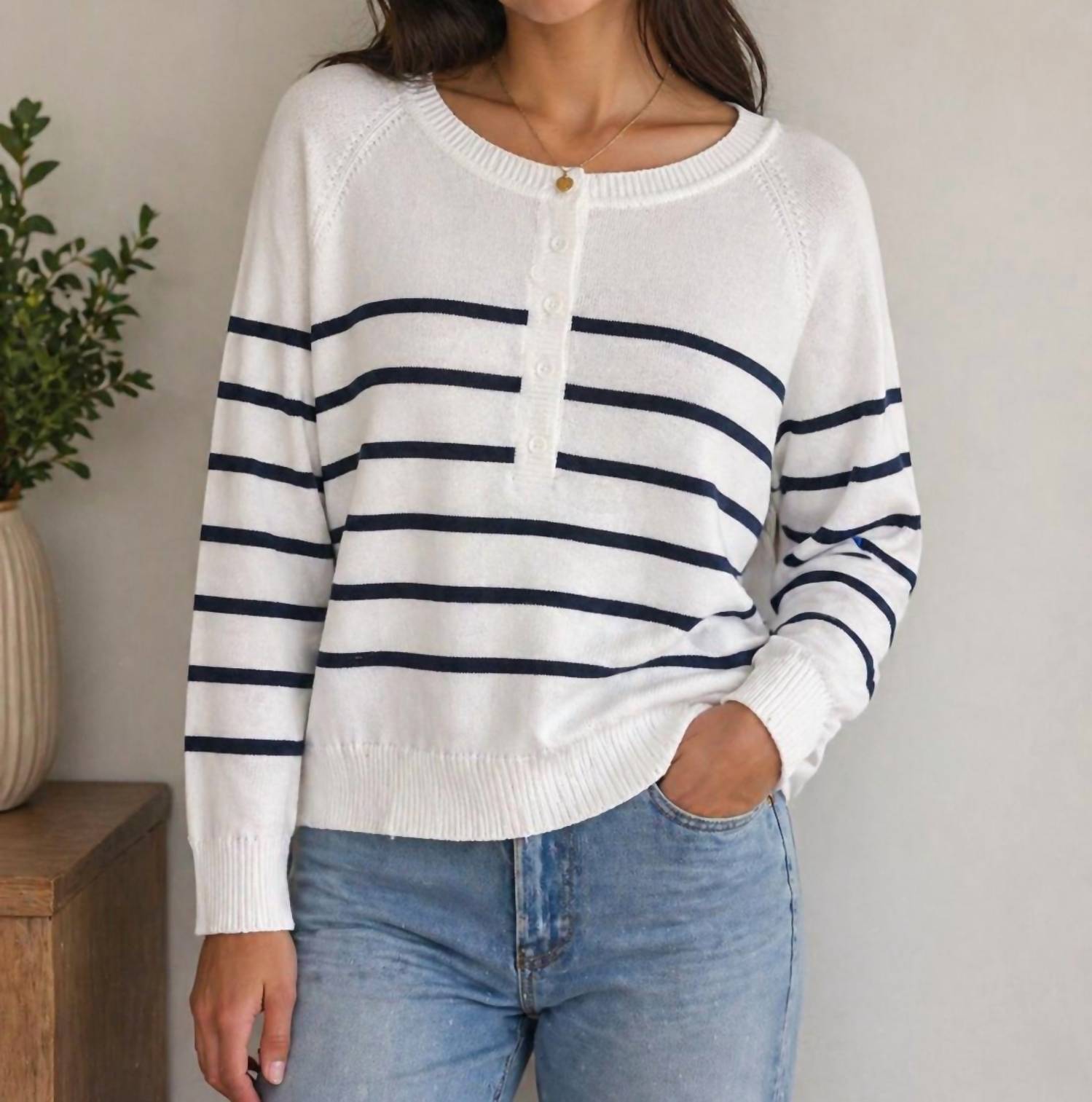 Karen Kane stripe henley sweater in off white and black - women's sweater - view 4