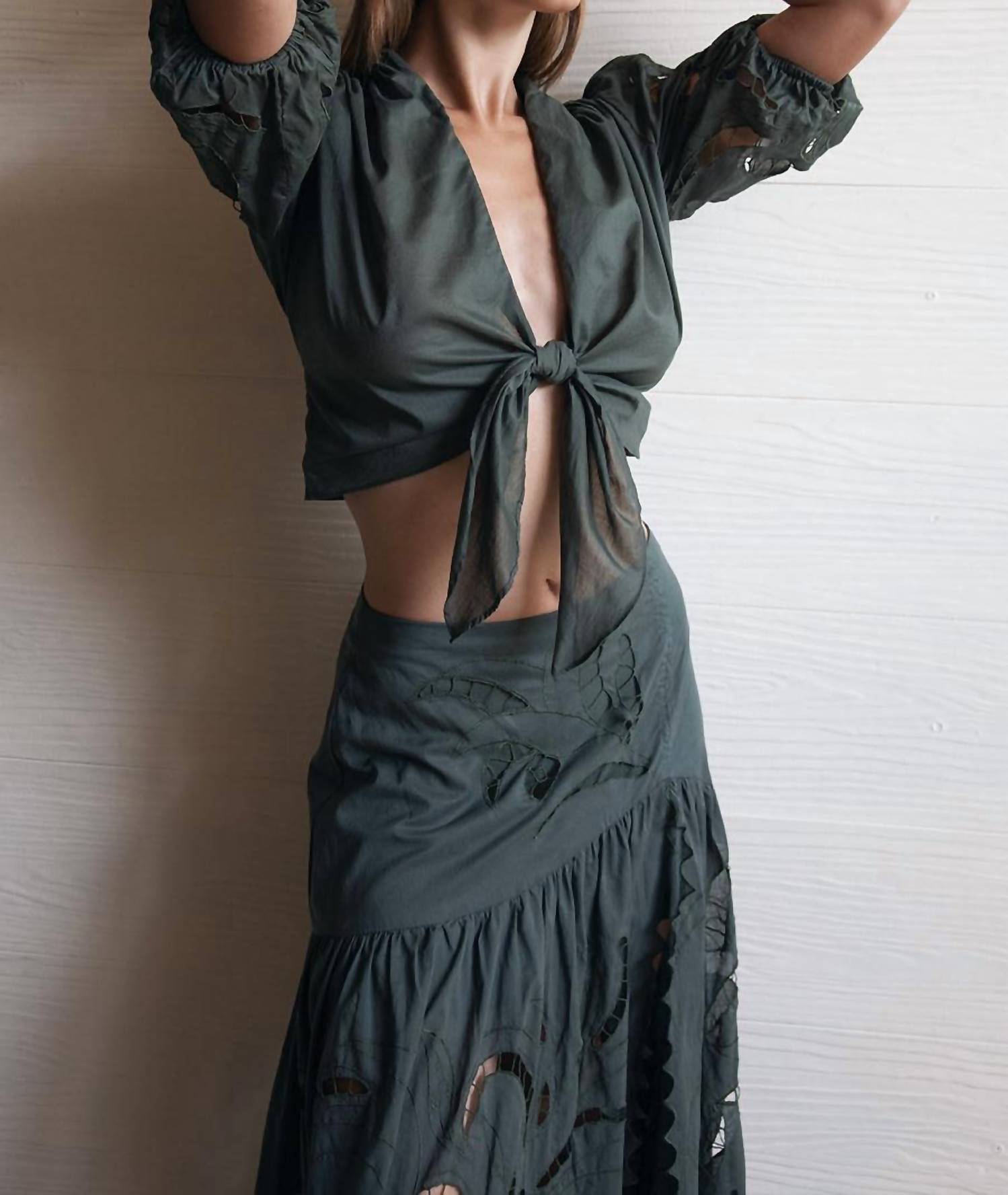 Uma and Leopold Ayla Embroidery Tied Top in chrome green - women's blouse - alternate view