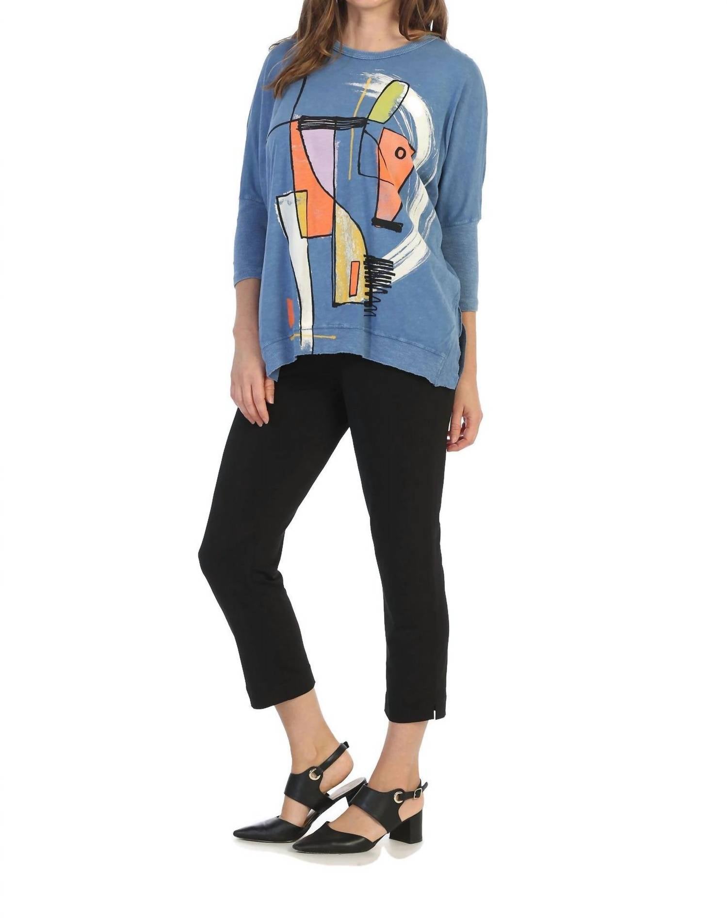 Jess & Jane Modern Art Mineral Washed Cotton Dolman Sleeve Top in marine blue - women's blouse