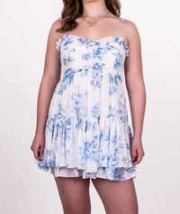 Sky to Moon TOILE FLORAL RUFFLE TRIM MINI DRESS in fade blue flrl - women's dress - detail view
