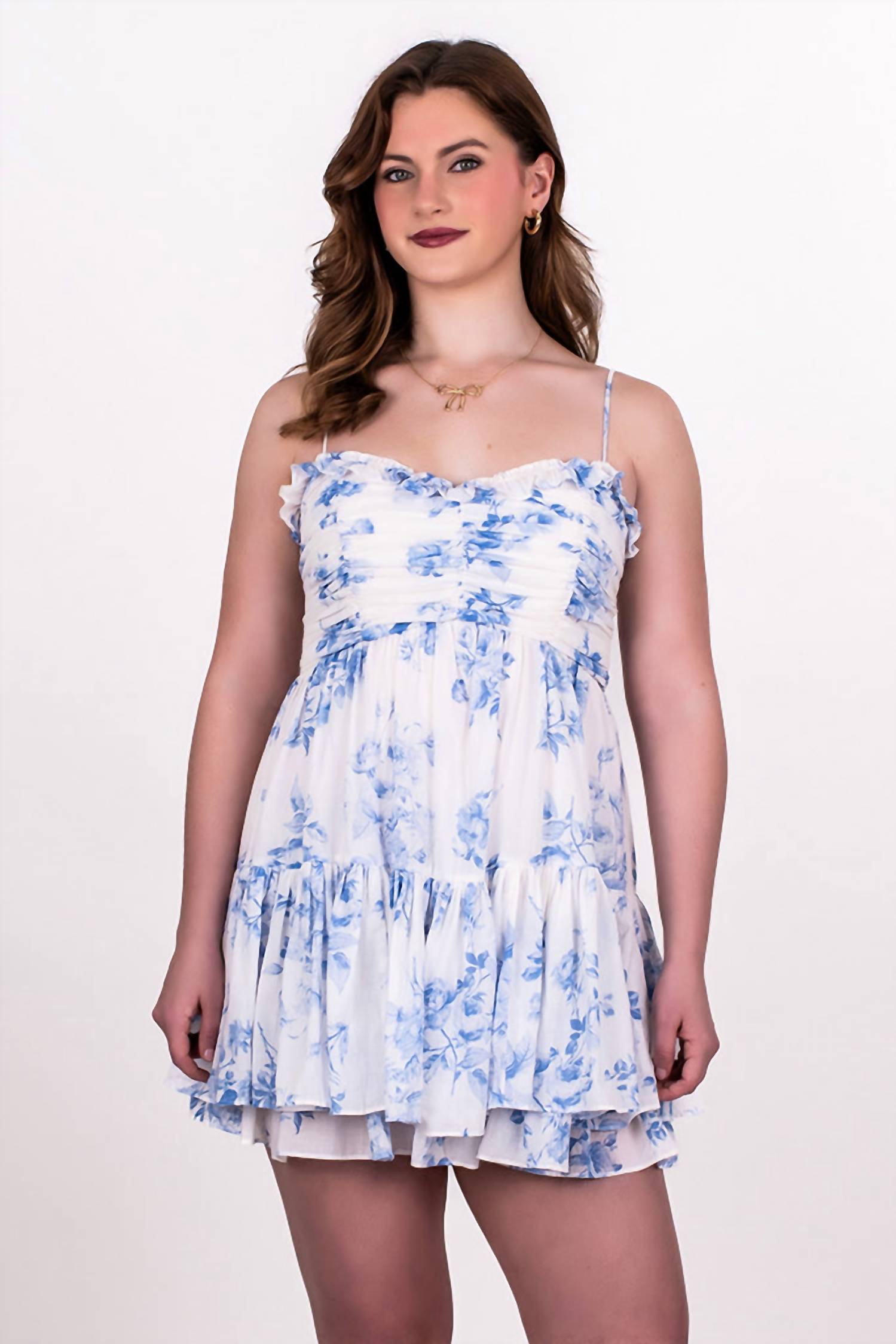 Sky to Moon TOILE FLORAL RUFFLE TRIM MINI DRESS in fade blue flrl - women's dress - alternate view