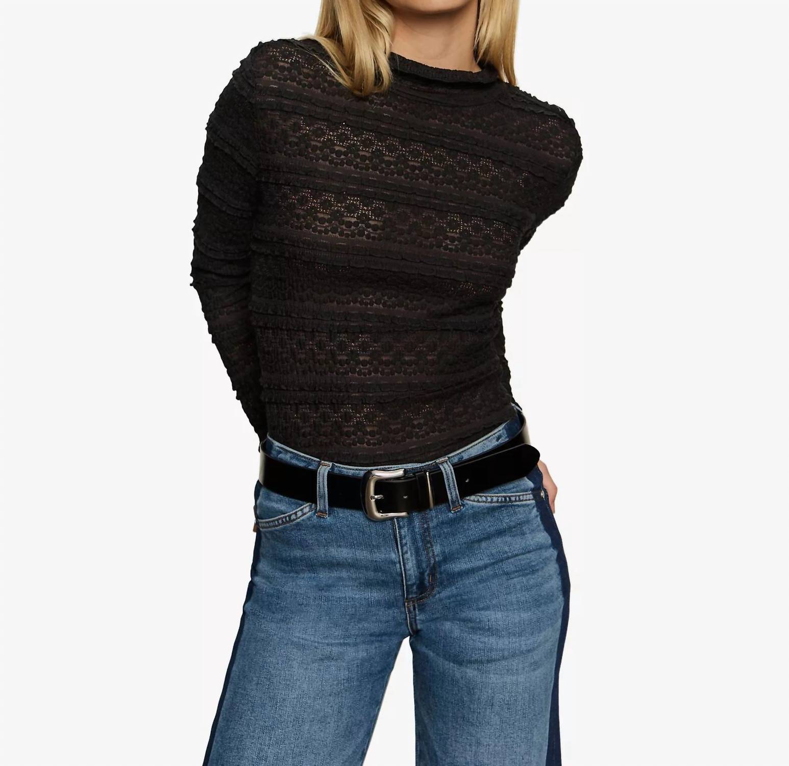 Sanctuary High Crew Lace Tee Top in black - women's long sleeve top - detail view