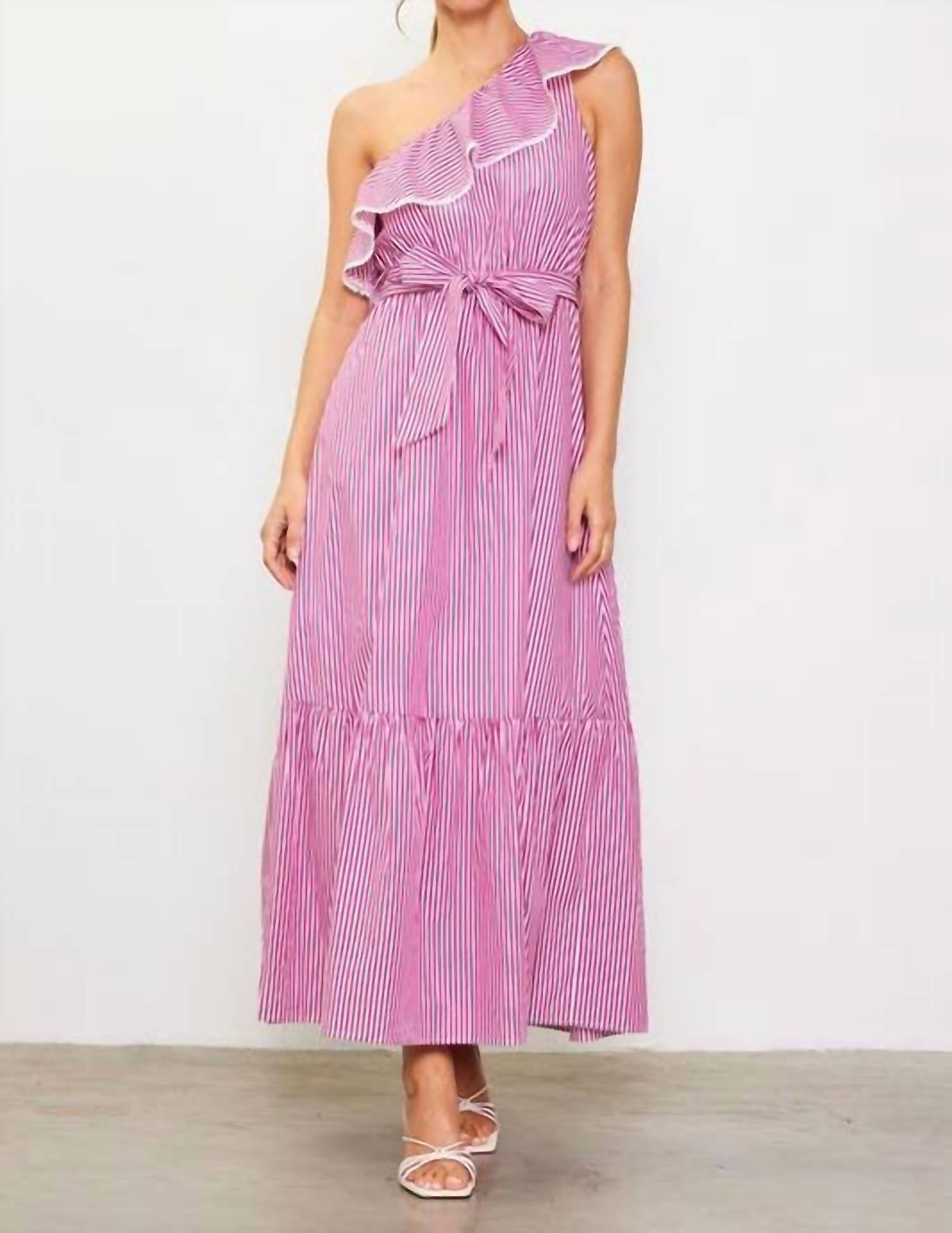 Skies Are Blue - Striped One Shoulder Ruffle Midi Dress