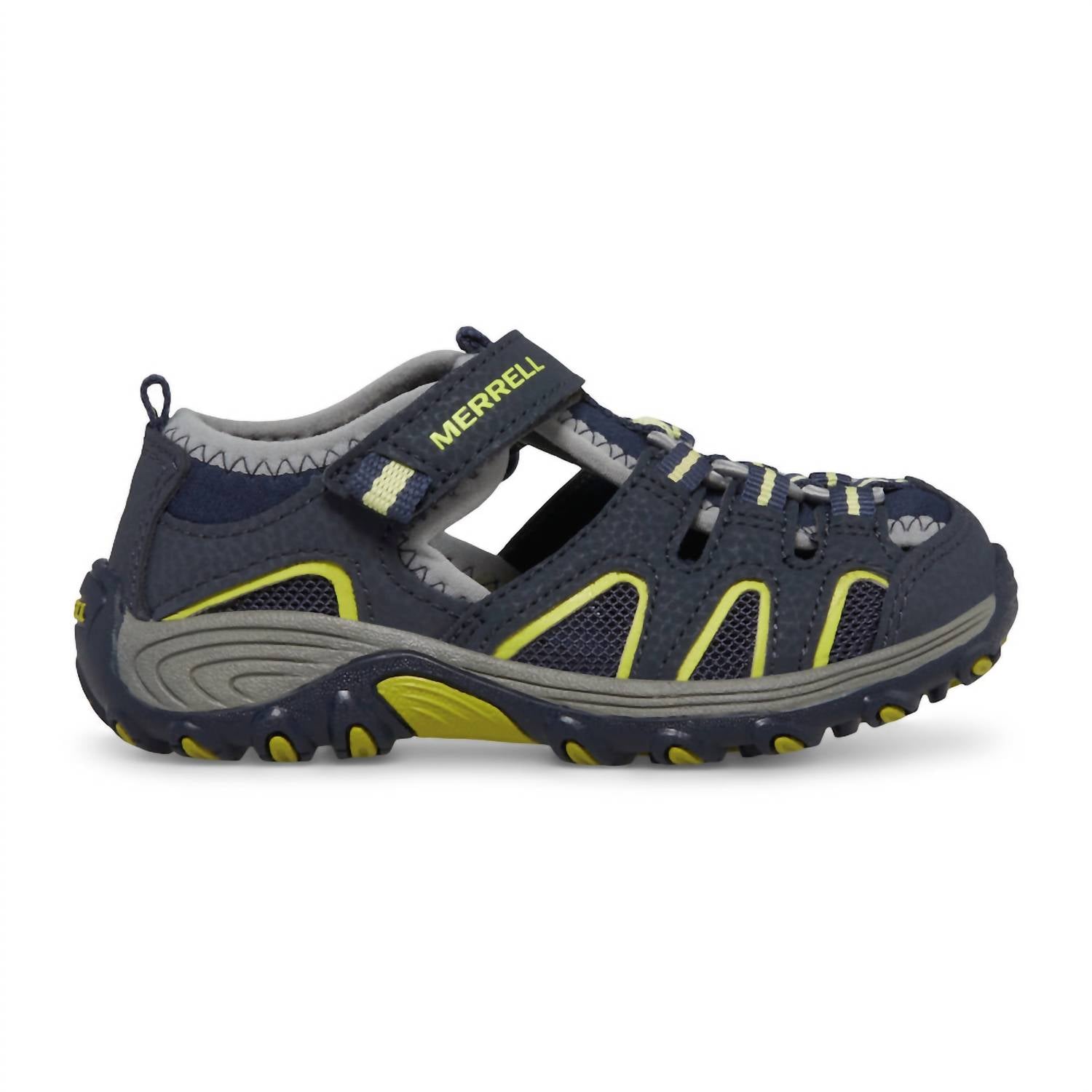MERRELL Little Kid's Hydro H2o Hiker Sandal in navy lime - kids' sneaker - detail view