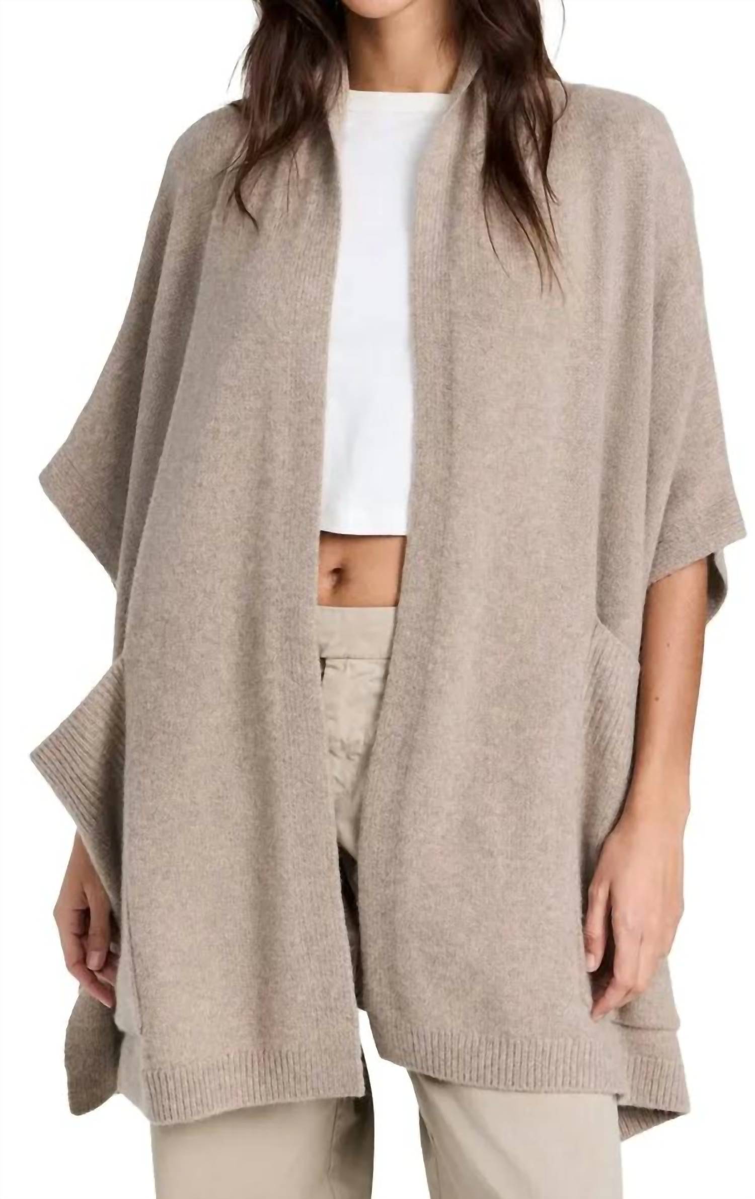 White + Warren Cashmere Blend Open Poncho in fawn - women's sweater