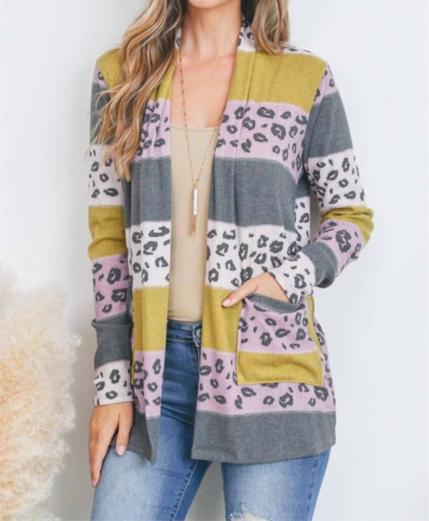 Perfect Peach - Leopard Color Block Pocket Cardigan