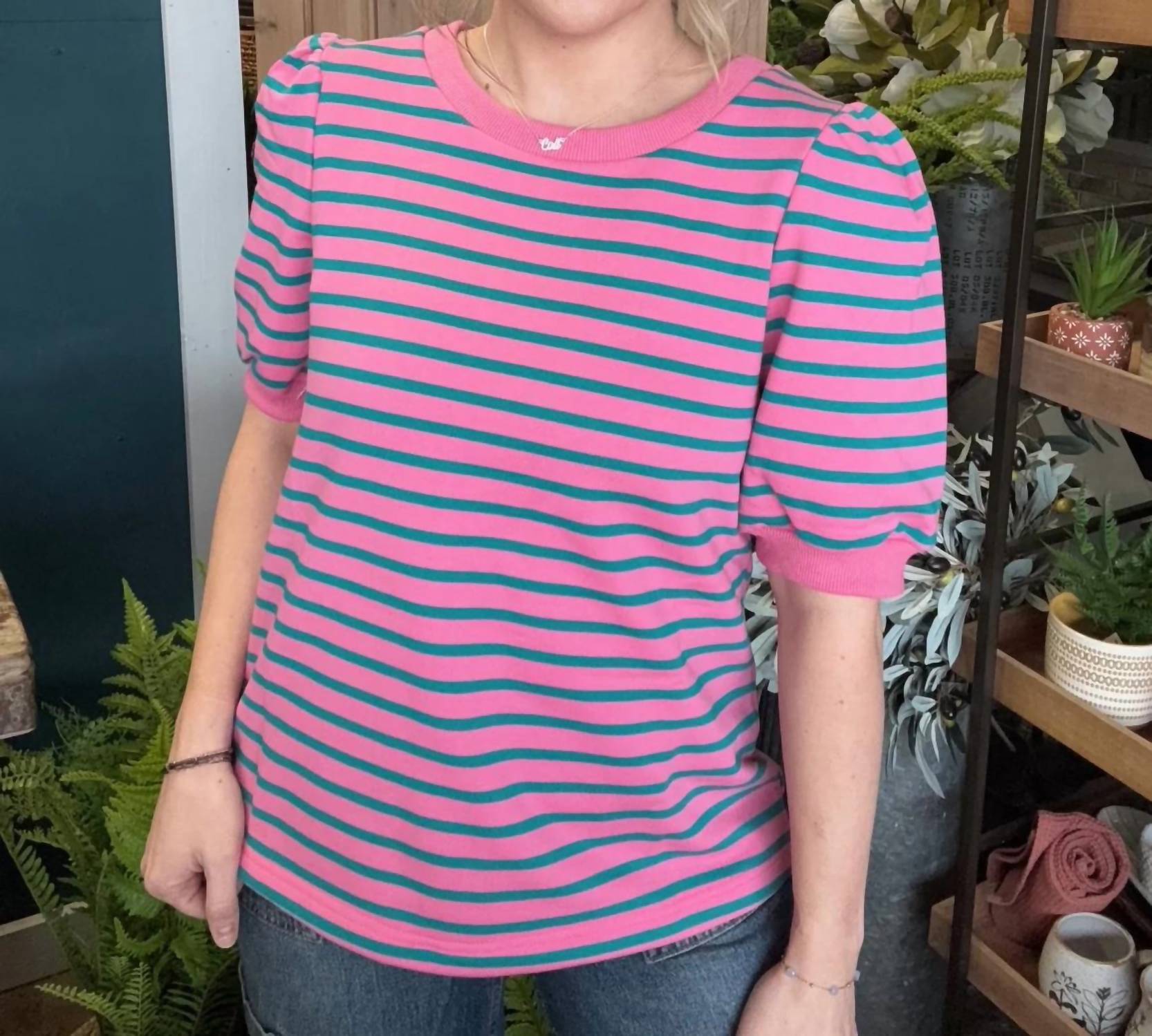 Anniewear - Striped Puff Sleeve Boutique Top