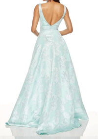 ALYCE PARIS Metallic Floral Jacquard Ball Gown in sea glass - women's dress - detail view