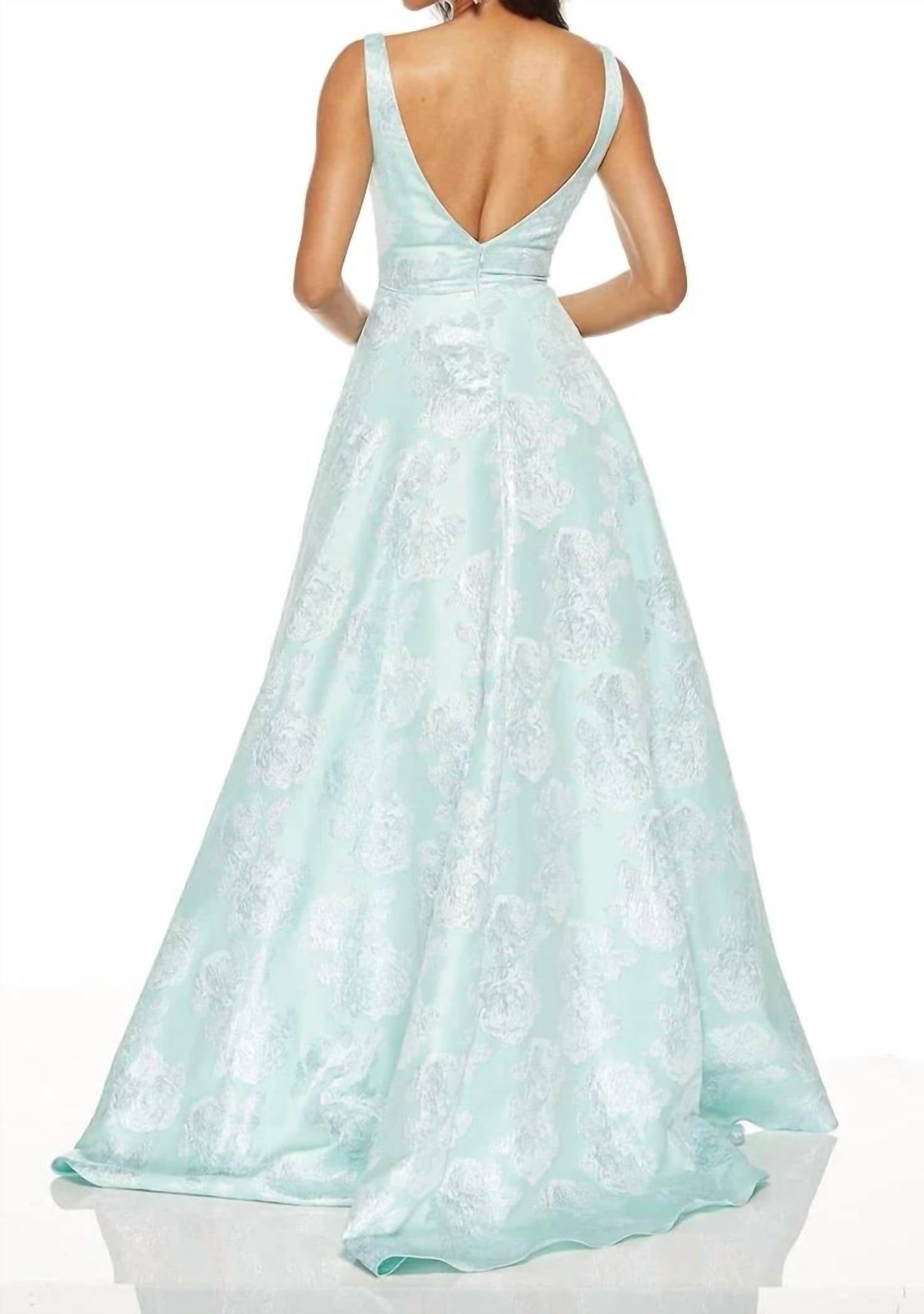 ALYCE PARIS Metallic Floral Jacquard Ball Gown in sea glass - women's dress - detail view