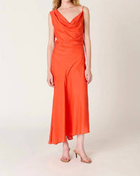 NIA Cielo One Shoulder Draped Midi Dress in coral red - women's dress