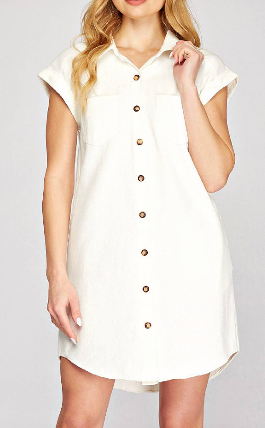 She + Sky - Button Down Twill Shirt Dress - White