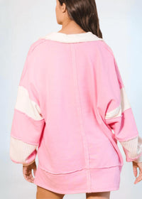 Bucketlist - French Terry Knit Color-block Collared Loose Fit Top