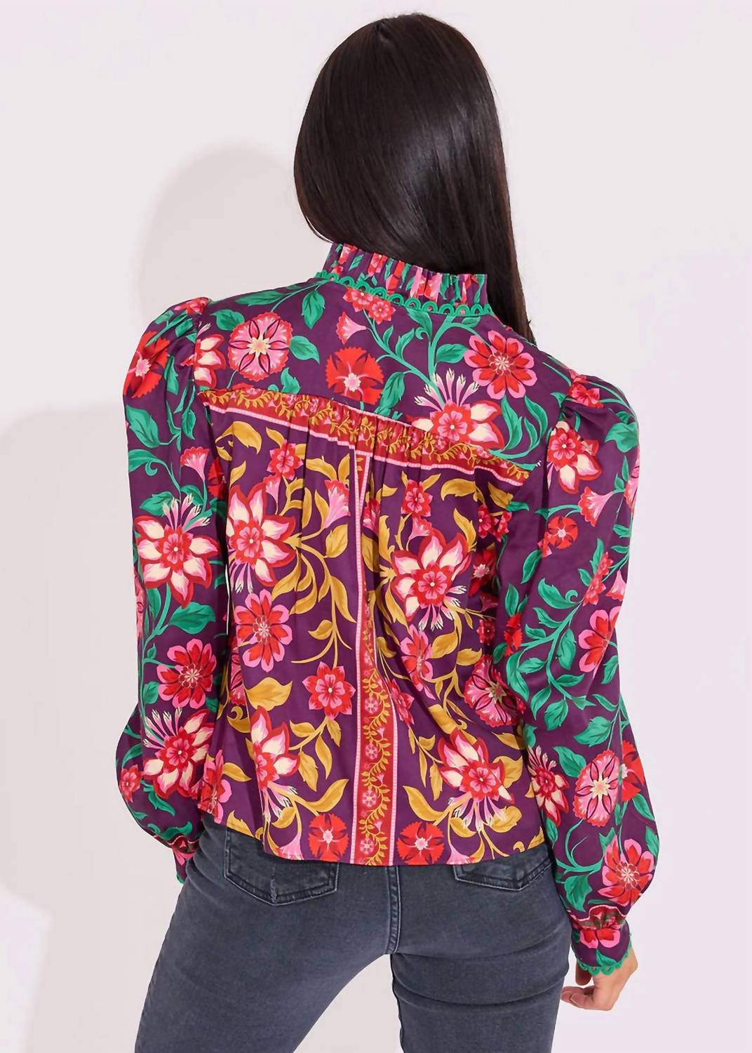 Alden Adair Oliver Long Sleeve Top in medieval floral - women's blouse - detail view