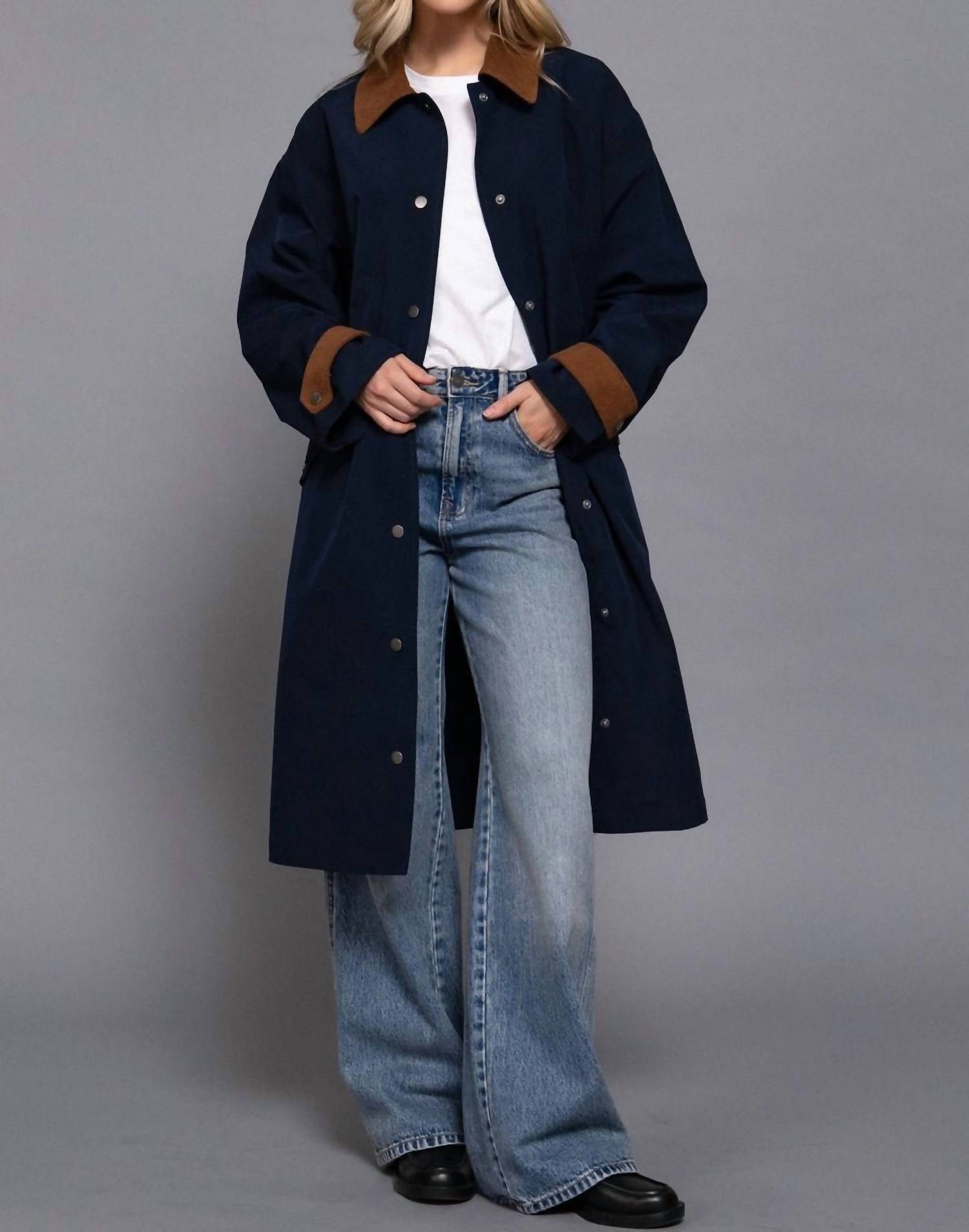 Active Basic - Long Sleeve Contrast Collar Button Down Trench Coat
