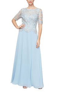 Alex Evenings - Embroidered Illusion Boat Neck Short Sleeve Chiffon Gown