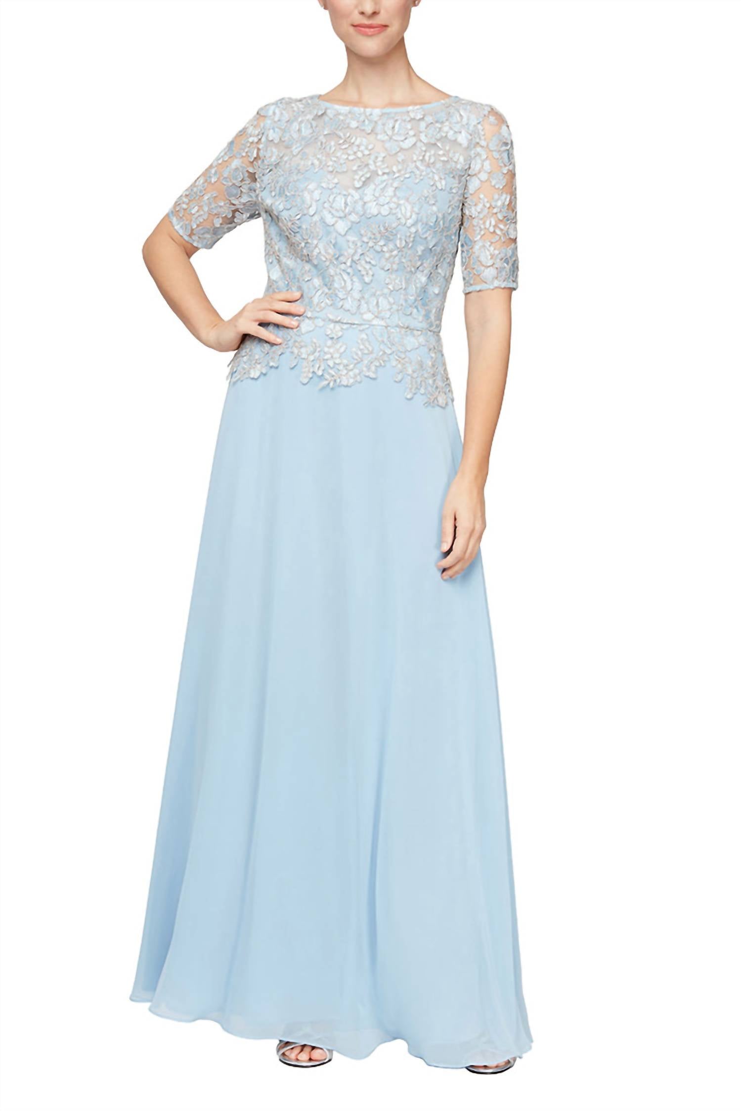 Alex Evenings - Embroidered Illusion Boat Neck Short Sleeve Chiffon Gown