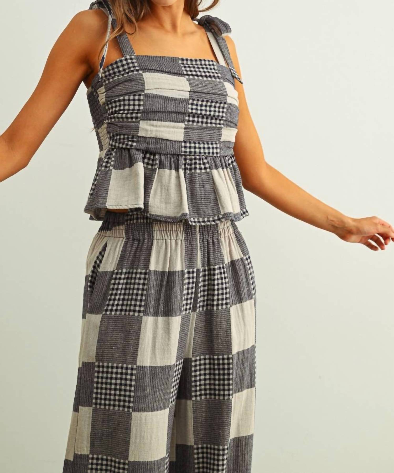 MIOU MUSE Gingham Patch Effect Top in navy - women's shirt - alternate view