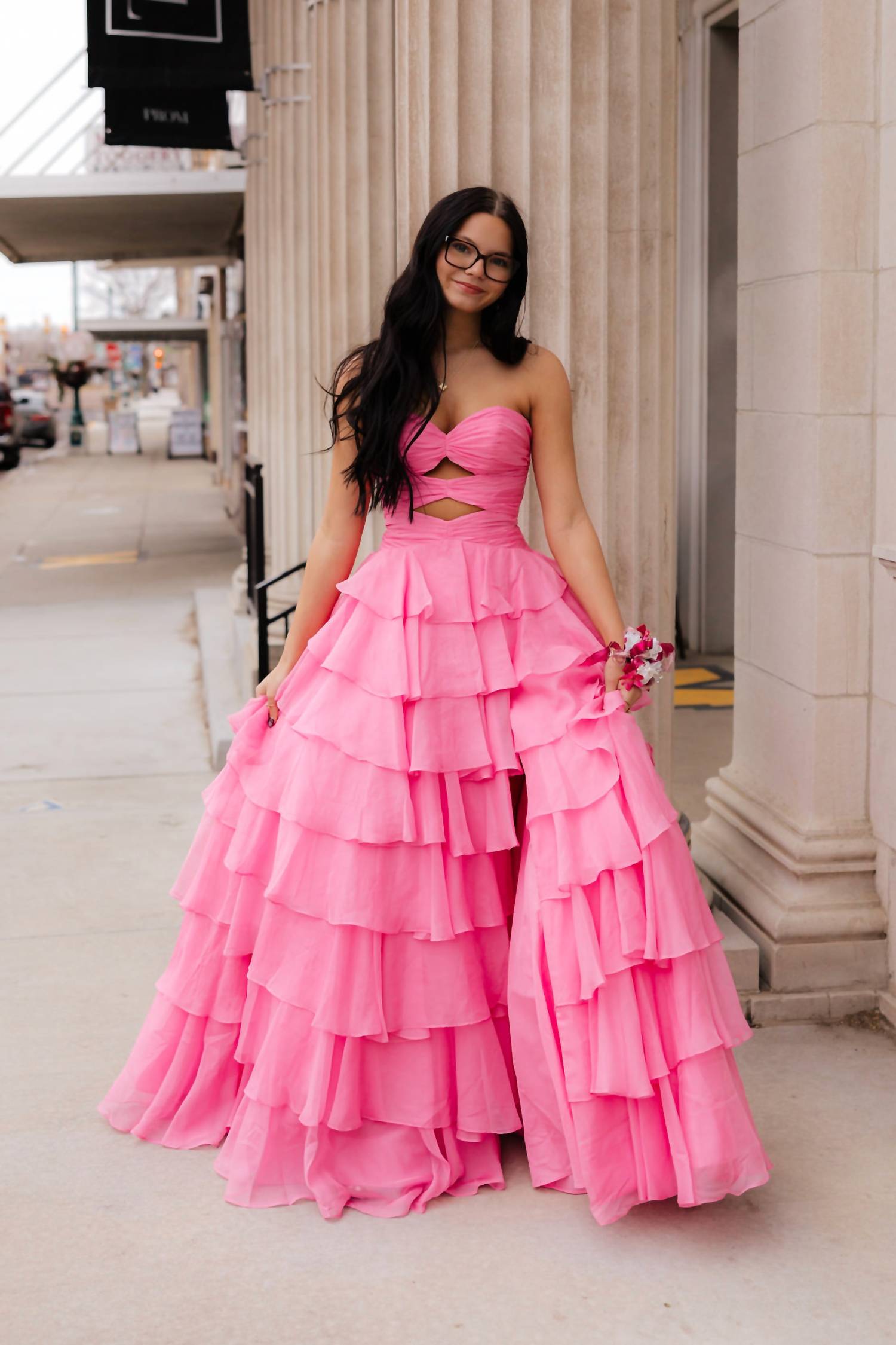 AMARRA Strapless Fun Tiered Skirt Prom Dress in bright pink - women's dress - alternate view